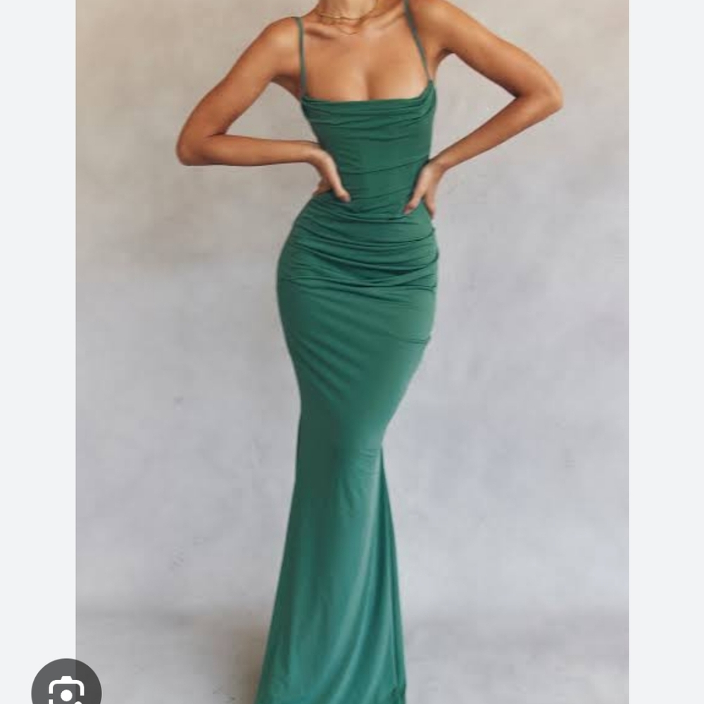 House of CB Green Ruched Spaghetti-Strap Maxi Dress